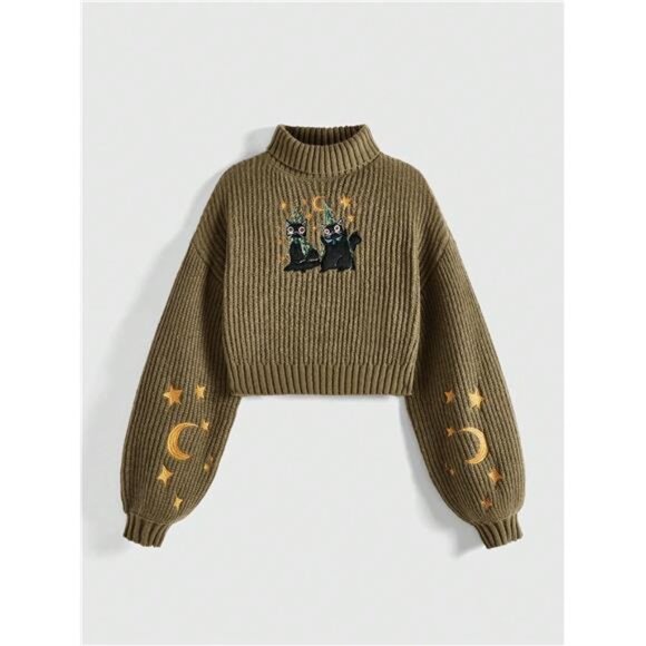 Black Cat Celestial Witchy Embroidered Oversized Green Pullover Sweater - Picture 2 of 5